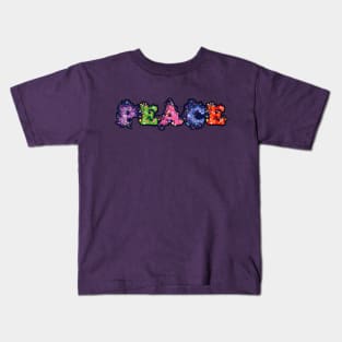 Peace word in colorful letters and flowers Kids T-Shirt